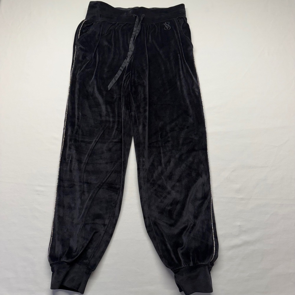 Victoria's Secret Velour Joggers S Black Rhinestone Side Stripe Womens Lounge